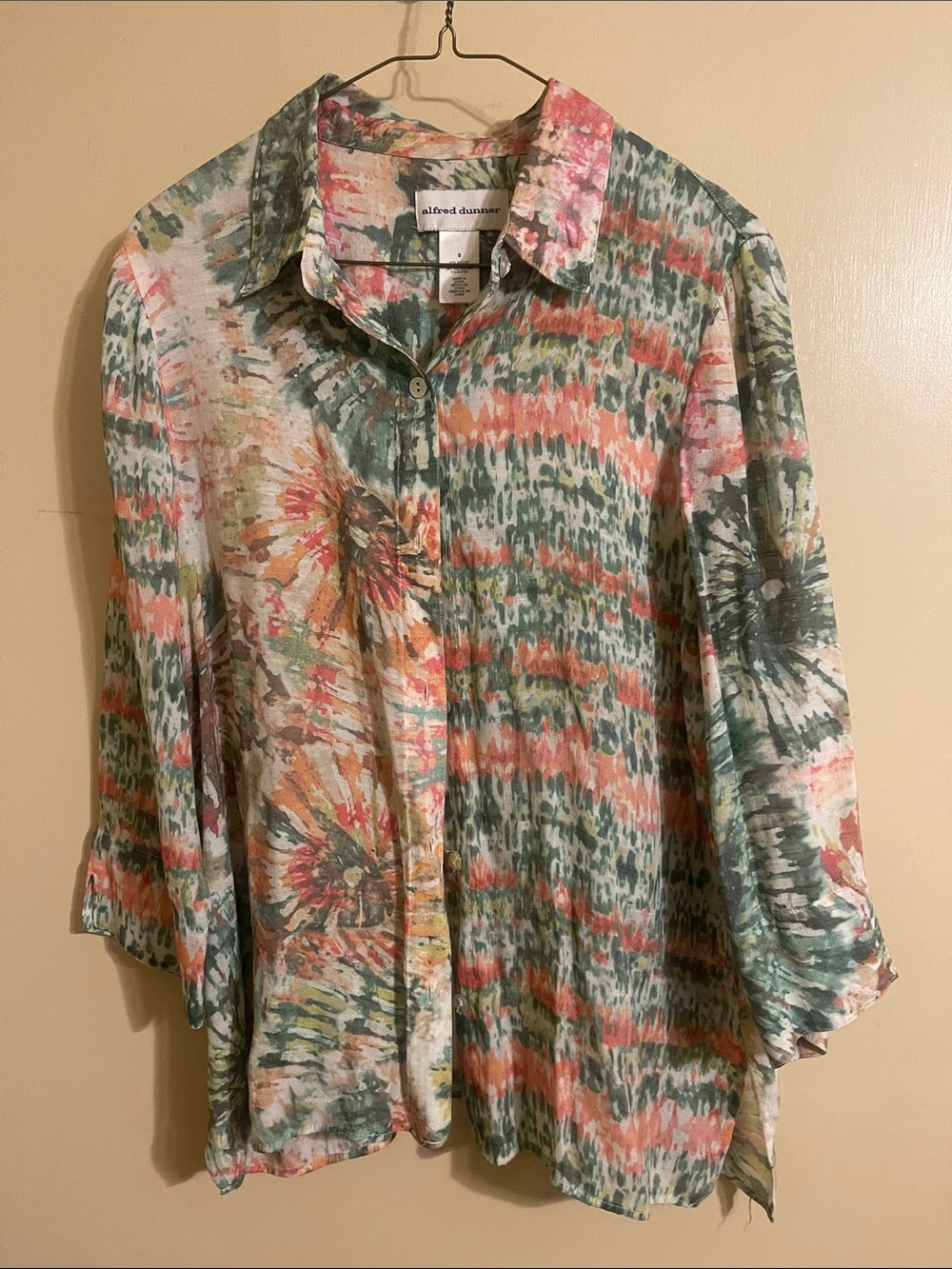 Alfred Dunner Coral, Green & Cream Tie-Dye Button Front Shirt